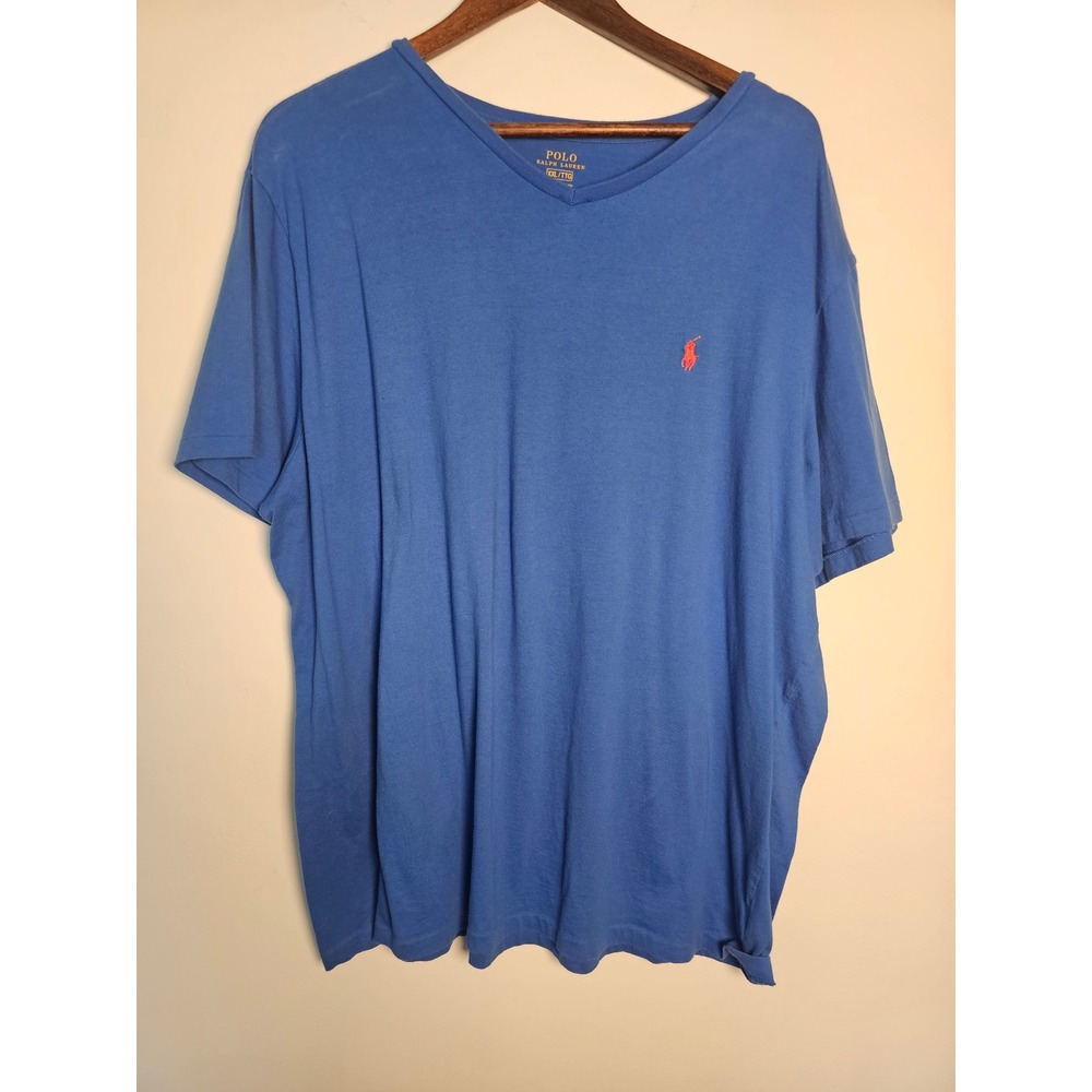 Preppy Polo Ralph Lauren V-Neck T-Shirt Mens XXL Blue Orange Pony Logo Cotton
